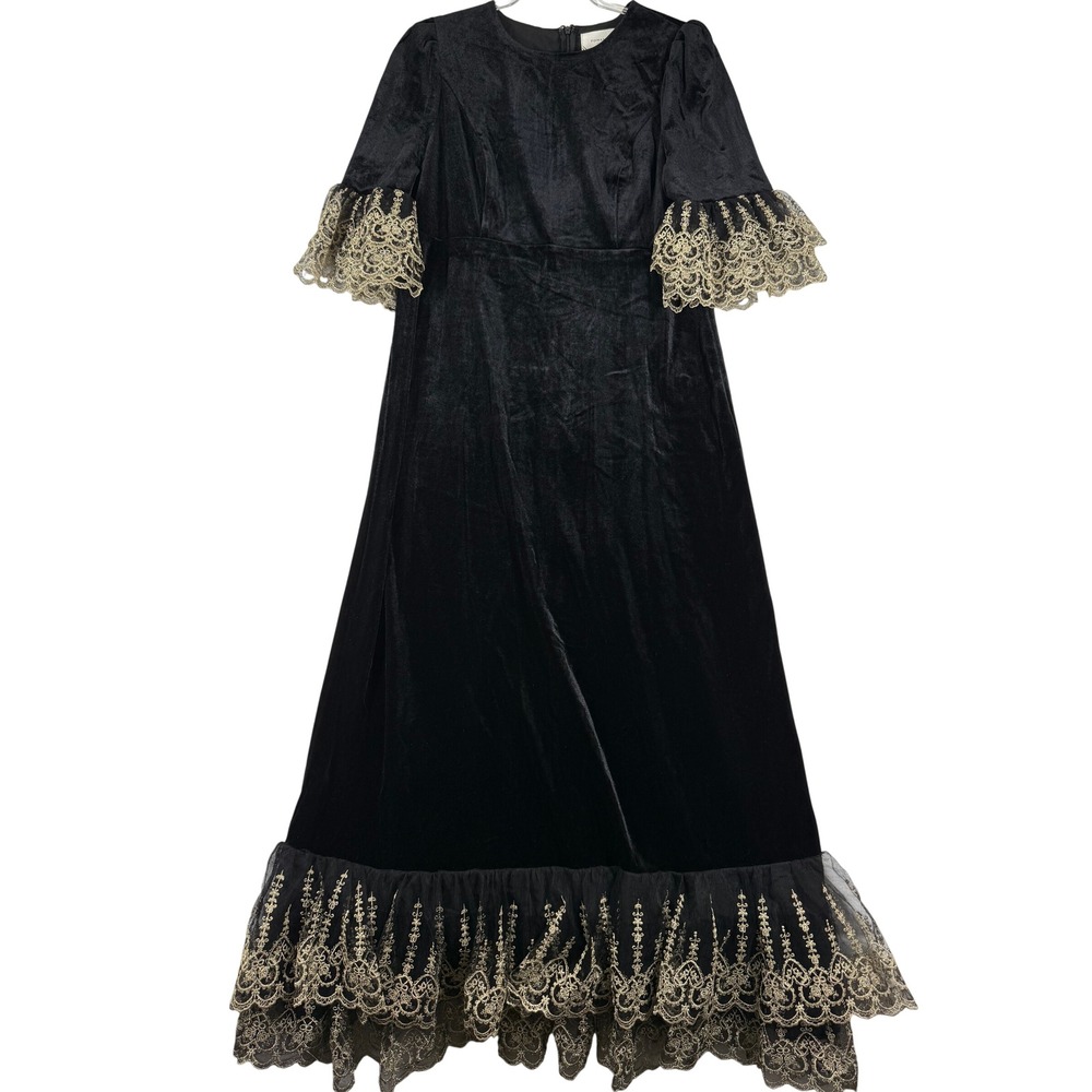Pomander Place Black Velvet Gold Embroidered Lace Mini Dress Womens M NWT